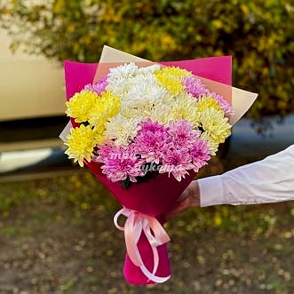 Розовый букет из 9 разноцветных хризантем